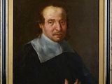a painting of a man in a black coat with a white collar