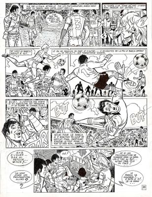 une page de bande dessinée comportant une illustration en noir et blanc représentant un groupe de personnes
