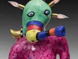 brightly colored ceramic sculpture of a man with horns holding a guitar