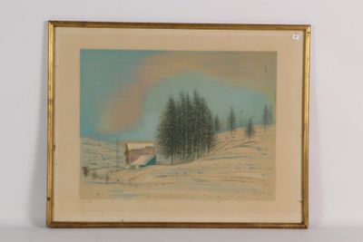 tableau représentant un paysage enneigé avec des arbres et une maison au loin