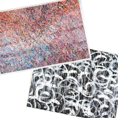 two pictures of a painting and a picture of a painting on a white background
