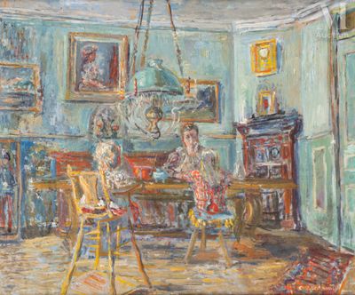 tableau représentant une famille dans une salle à manger avec un lustre