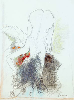 dessin représentant une femme assise sur une chaise, de dos par rapport à la caméra