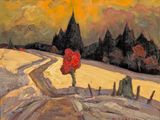 une peinture à l'huile représentant un arbre solitaire sur un chemin de terre