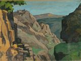 une image représentant un tableau représentant un paysage de montagne avec un château au loin