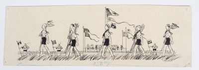 une image représentant un dessin d'un groupe de personnes marchant avec des drapeaux