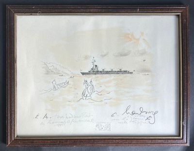 framed drawing of a ship in the water with a man on a horse