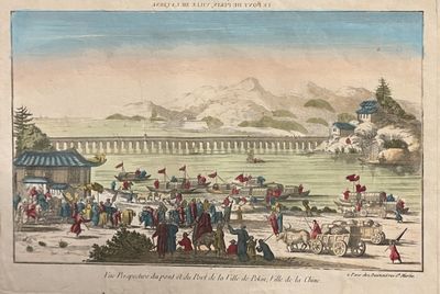 a drawing of a view of a bridge over a body of water