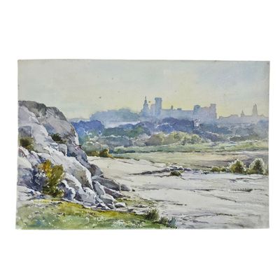 aquarelle représentant un paysage avec un château au loin