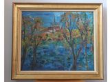 une peinture à l'huile représentant une scène fluviale avec des arbres et des maisons en arrière-plan