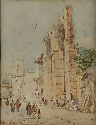 un vieux tableau représentant une scène de rue avec des personnages et des bâtiments
