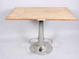 an image of a wooden table with a metal base on a white background