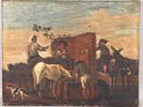 un vieux tableau représentant un groupe de personnes à cheval et un chien