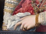 a painting of a woman in a red dress holding a ring
