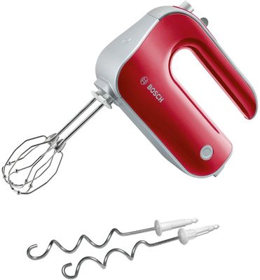 a red hand mixer with a whisk attachment next to it