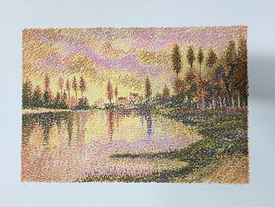 une image d'un tableau représentant un coucher de soleil sur une étendue d'eau