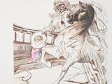 un dessin représentant une femme à cheval avec un enfant sur le dos