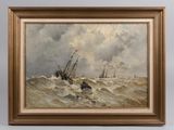an image of a painting of a boat in rough water