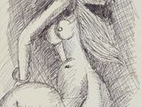 dessin représentant une femme assise sur un tabouret, la main posée sur la tête