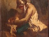 an oil painting of a man sitting on the ground with his head in his hands