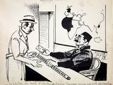 drawing of a man sitting at a desk in front of a man in a hat