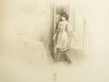 drawing of a woman in a white dress looking out a window