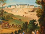 an image of a painting of people riding horses in front of a building