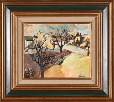 un tableau représentant un paysage avec des arbres et des maisons en arrière-plan