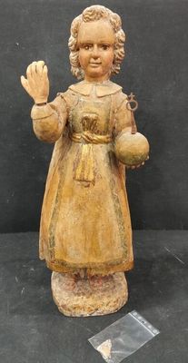 "L'enfant Jésus tenant l'orbe crucigère", sculpture en bois … - Photo 1