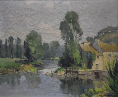 un tableau représentant une rivière traversant une campagne