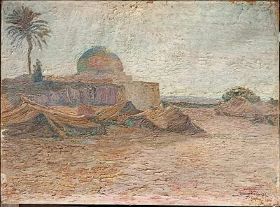 un vieux tableau représentant un paysage désertique avec un bâtiment et un palmier