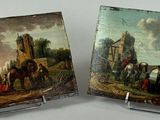 une paire de tableaux représentant une scène de village et un pont au bord d'une rivière