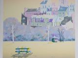 a painting of a park bench in front of a large building