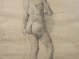 an old drawing of a man standing in the sand with his hands on his hips