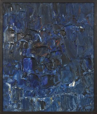une peinture abstraite réalisée à la peinture bleue et noire sur un châssis noir
