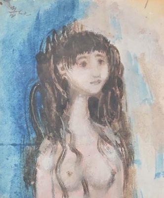 painting of a nude woman with long hair and a blue background