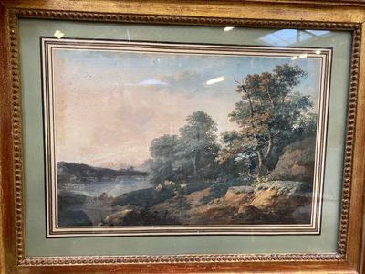 tableau représentant un paysage avec une rivière et des arbres, dans un cadre doré