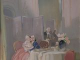 un tableau représentant une femme assise à une table avec deux hommes