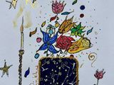a painting of a vase with flowers on top of it