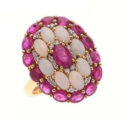 BAGUE cocktail en or jaune 750 °/°° centrée d'un rubis de ta…