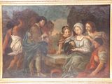 painting of a group of people gathered around a table in a wooded setting