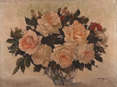 a painting of roses in a glass vase on a table