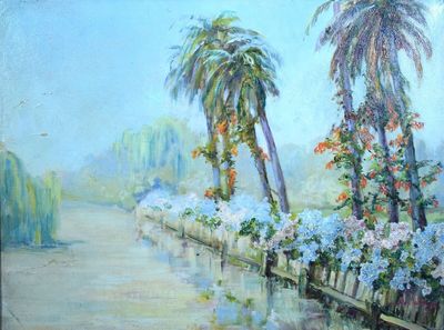 un tableau représentant une rivière bordée de palmiers et de fleurs