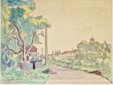 peinture représentant une route de campagne avec des maisons et des arbres au loin