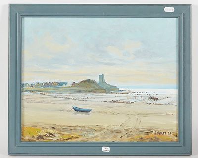 un tableau représentant un bateau sur la plage, avec un château en arrière-plan