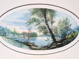 a picture of a painting of a river and trees