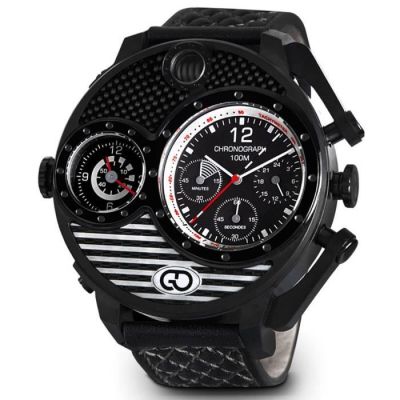 a close up of a wrist watch with a black band