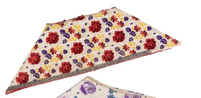 two pieces of cloth with floral designs on them on a white surface