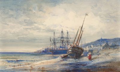 une peinture d'un bateau sur la plage au bord de l'eau