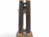a black and gold clock on a stand on a white background